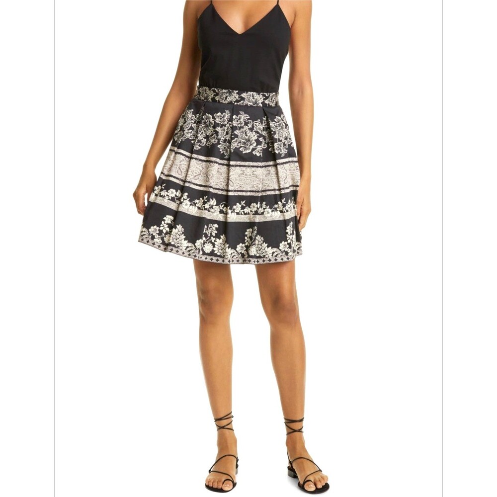 Alice + Olivia Madison Dress 12 Black White Pleated Fit Flare Floral $395 Ballet
